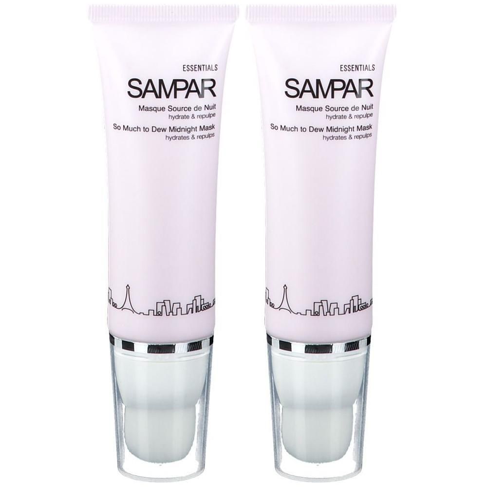 Deux tubes de Sampar Masque Source de Nuit avec bouchons argentés et design skyline parisienne.