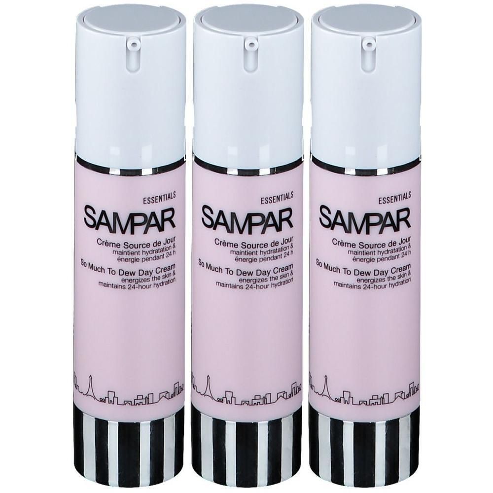 Drie roze pompflesjes met Sampar Crème Source de Jour opschrift.