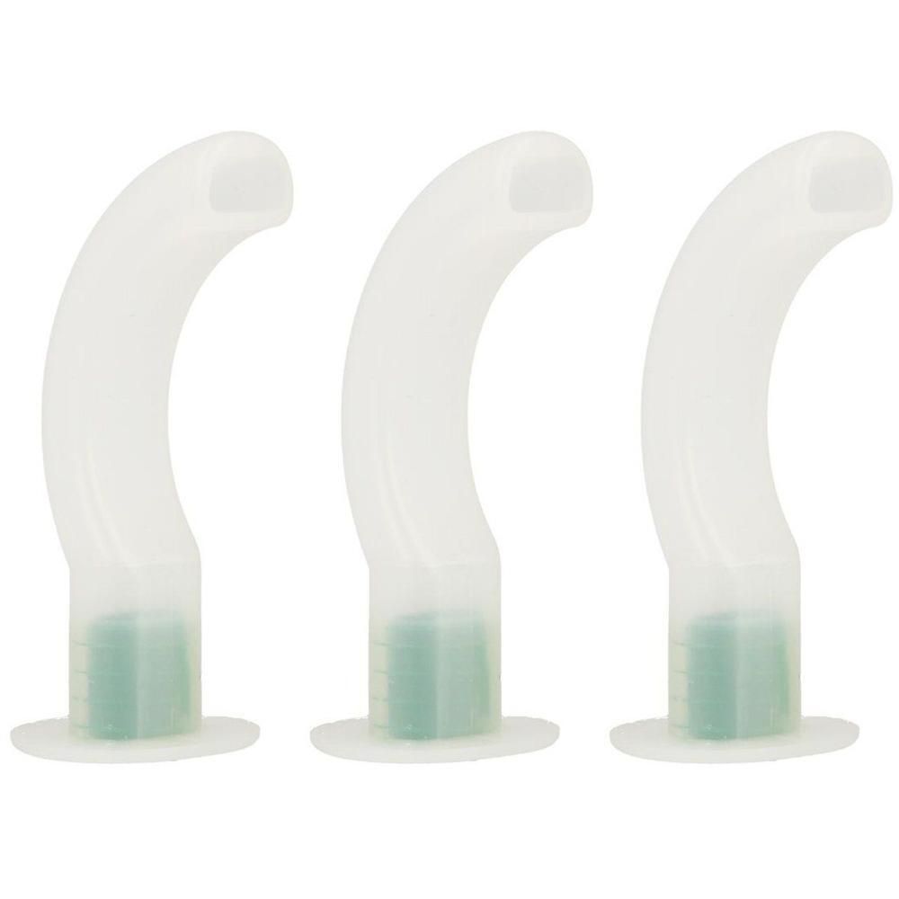 Trois tubes naso-pharyngés blancs et courbés avec un noyau vert.