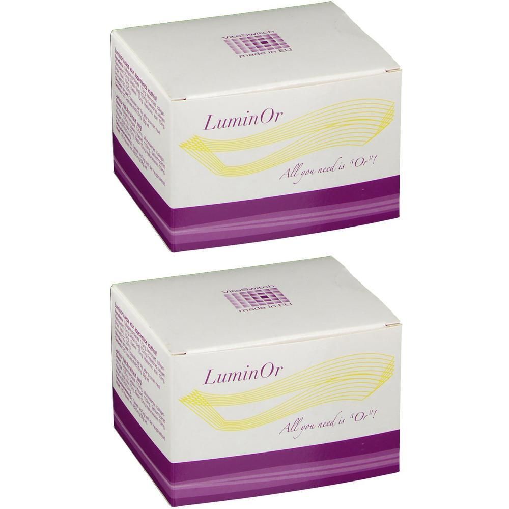 Deux boîtes blanches avec des accents violets et jaunes. Le texte "LuminOr" est visible sur les deux boîtes.