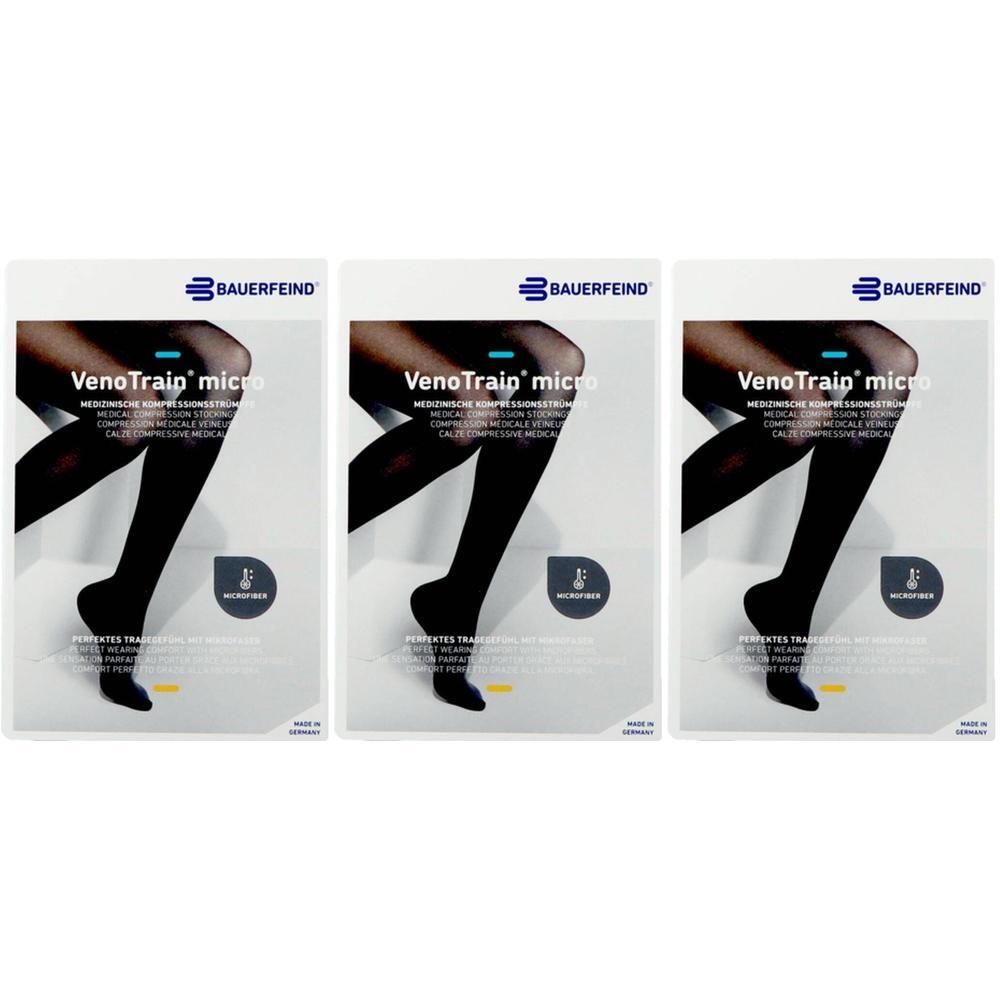 Trois paquets de bas de compression Bauerfeind VenoTrain Micro noirs. Montre jambe et pied.
