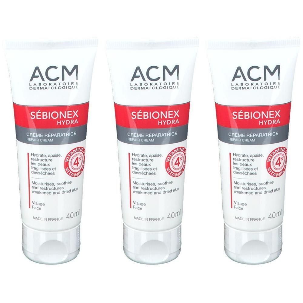Trois tubes de crème réparatrice ACM Sebionex Hydra avec Vitamine 4.