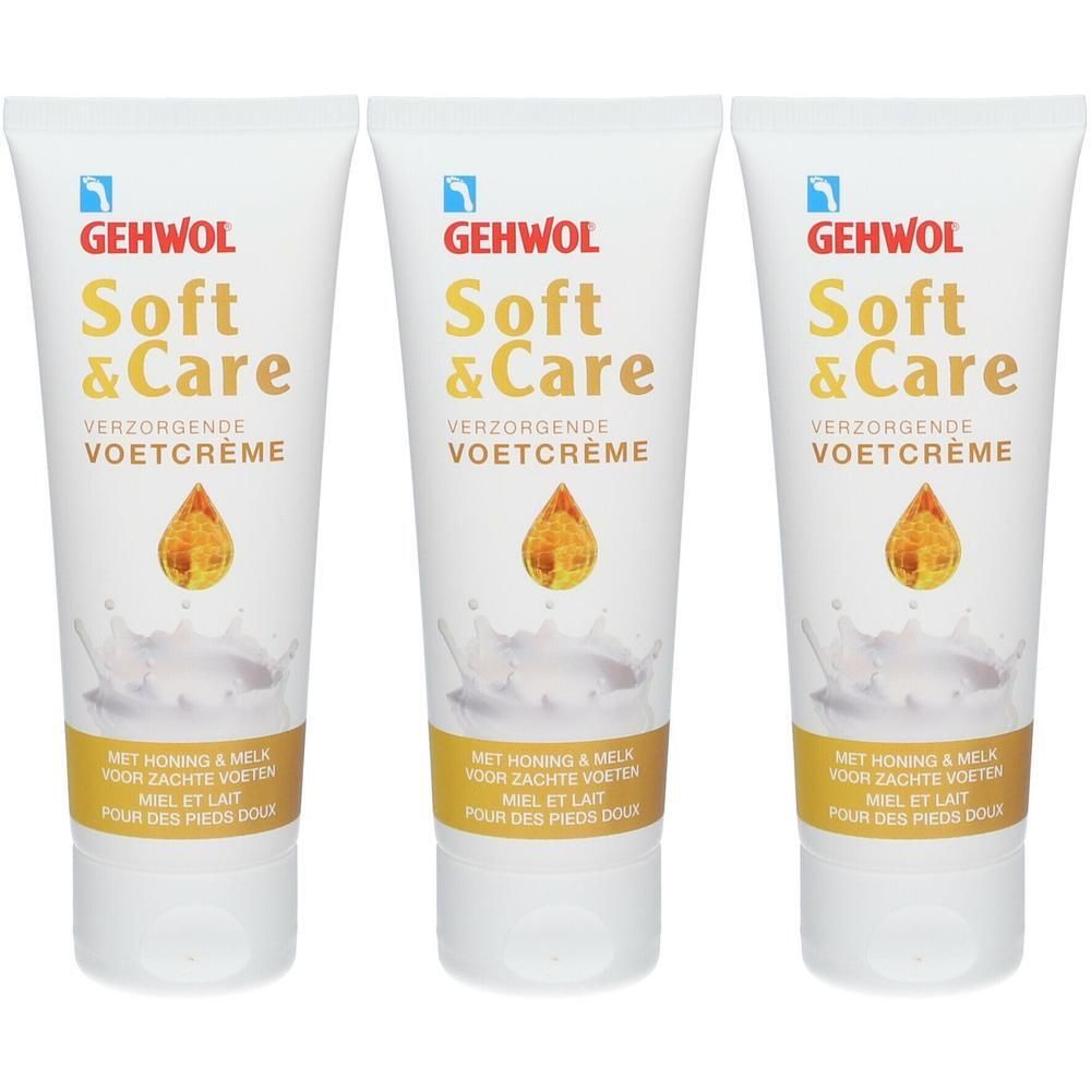 Trois tubes de crème pour pieds Gehwol Soft & Care au miel et au lait.