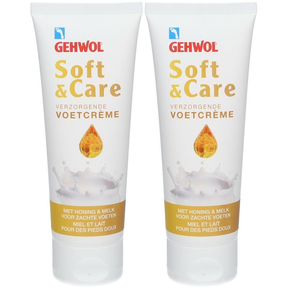 Twee Gehwol Soft & Care voetcrème tubes met honing en melk.
