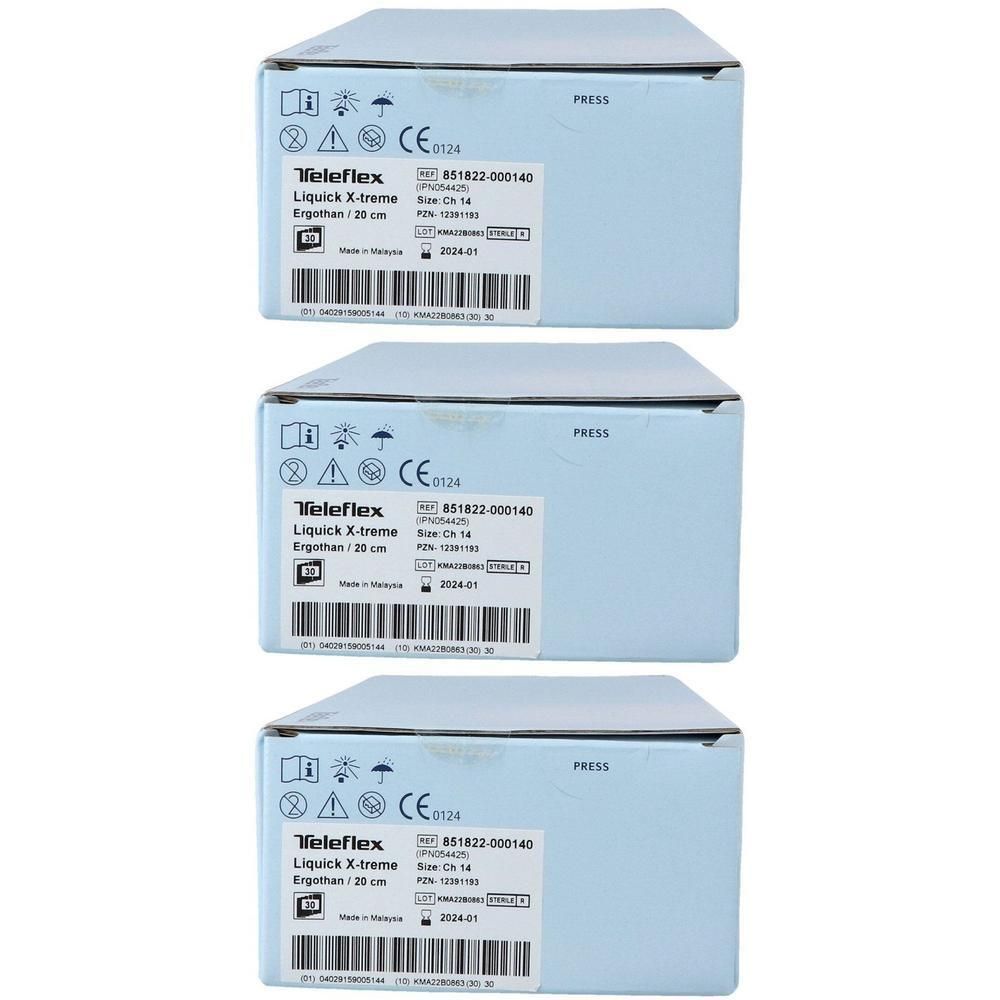 Trois paquets de Teleflex Liquick X-treme, 20 cm. Marquage CE et numéro d'article 851822-000140 visibles.
