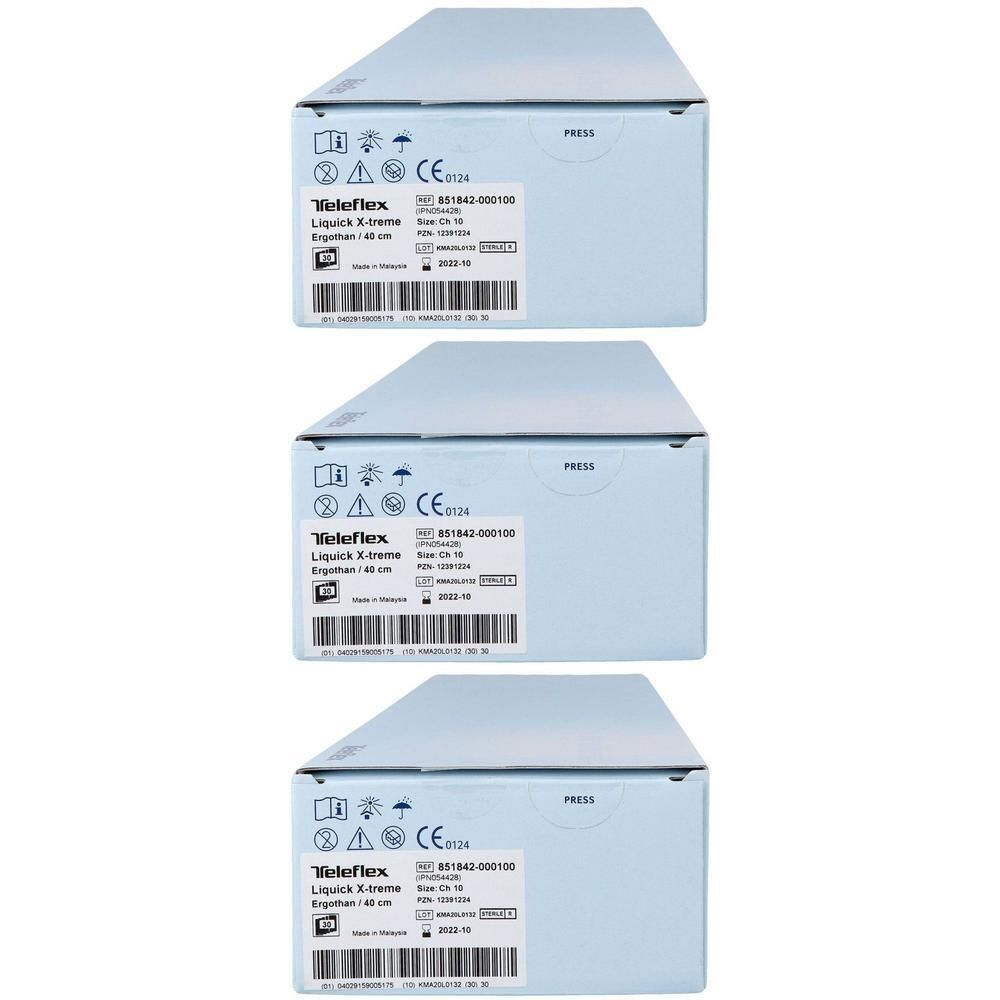 Drie Teleflex Liquick X-Treme Ergothan sondes (CH10, 40cm) in verpakkingen.