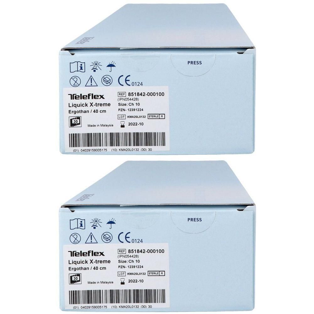 Twee verpakkingen Liquick X-treme Ergothan sondes, 40 cm CH10. Teleflex-logo en CE-markering zichtbaar.