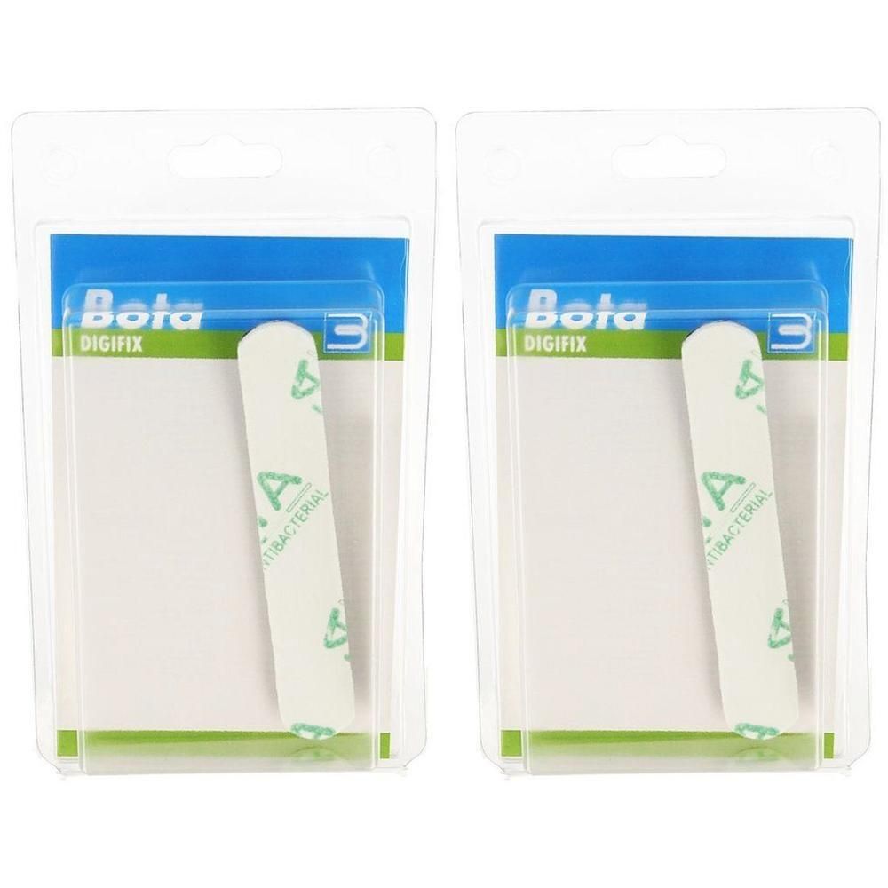 Twee Bota Digifix vingerorthesesen in blisterverpakking. Wit met groene "A ANTIBACTERIAL" opdruk.