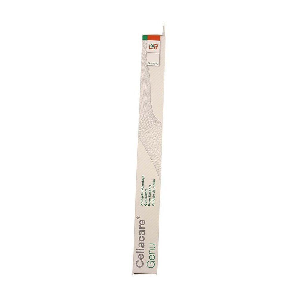 Zijaanzicht van de Cellacare Genu Classic verpakking met productnaam en maatindicatie.