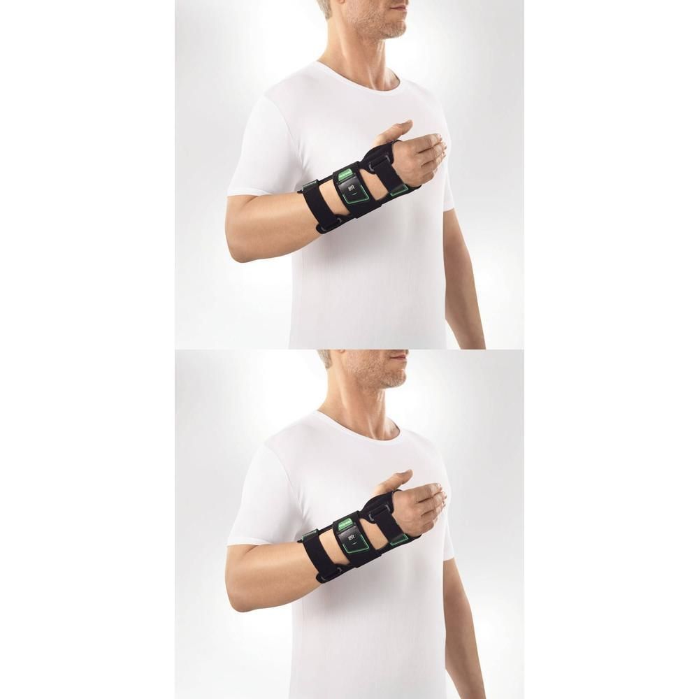 Polsbrace met spalken en klittenbandsluitingen.