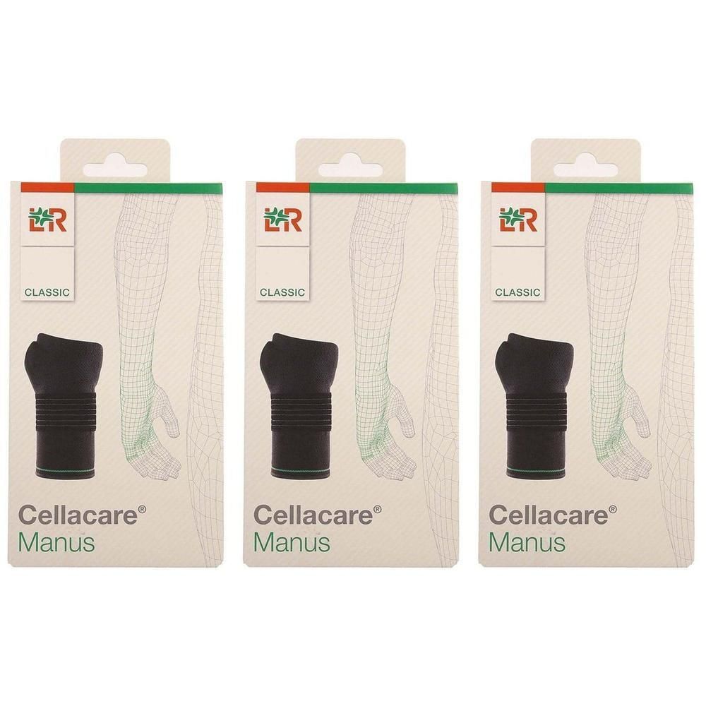 Trois paquets de bandage de poignet Cellacare Manus Classic. Bandage noir sur emballage cartonné avec illustration de bras.