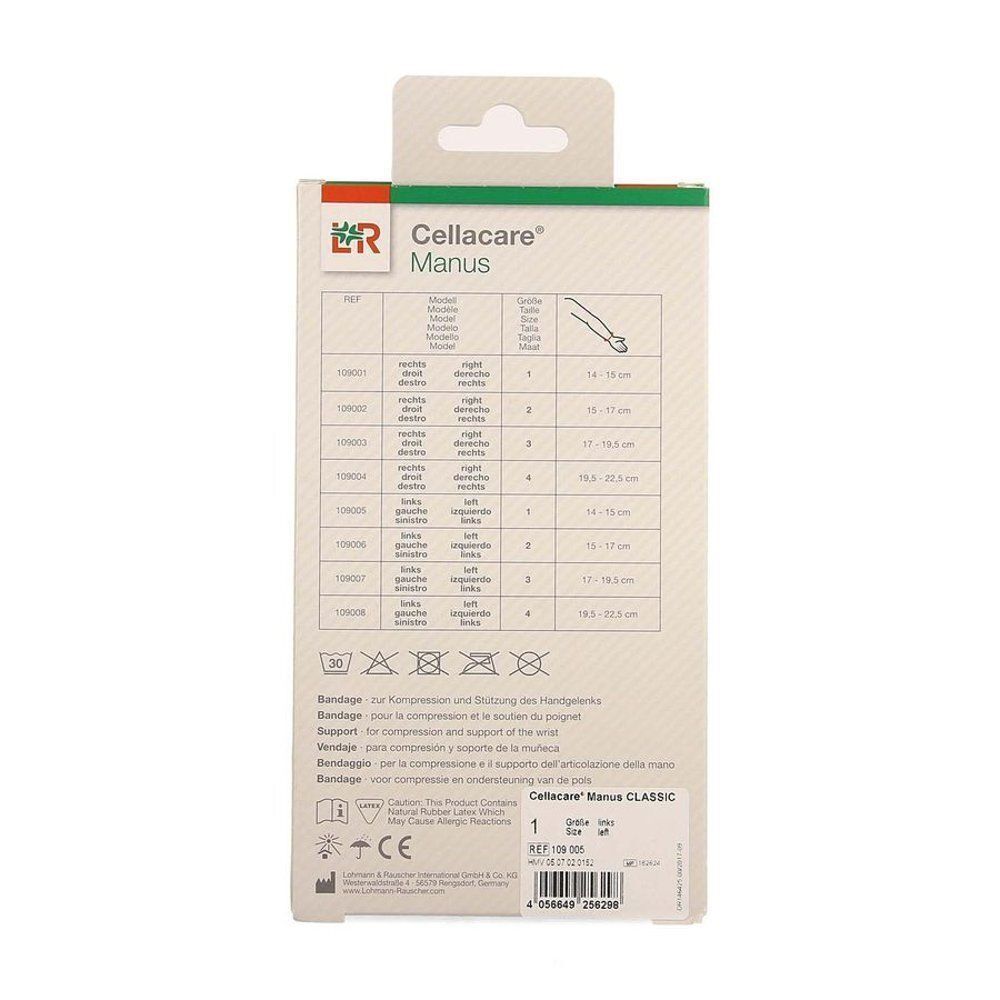 Arrière d'un emballage de bandage de poignet Cellacare Manus Classic. Tableau des tailles et instructions d'entretien visibles.