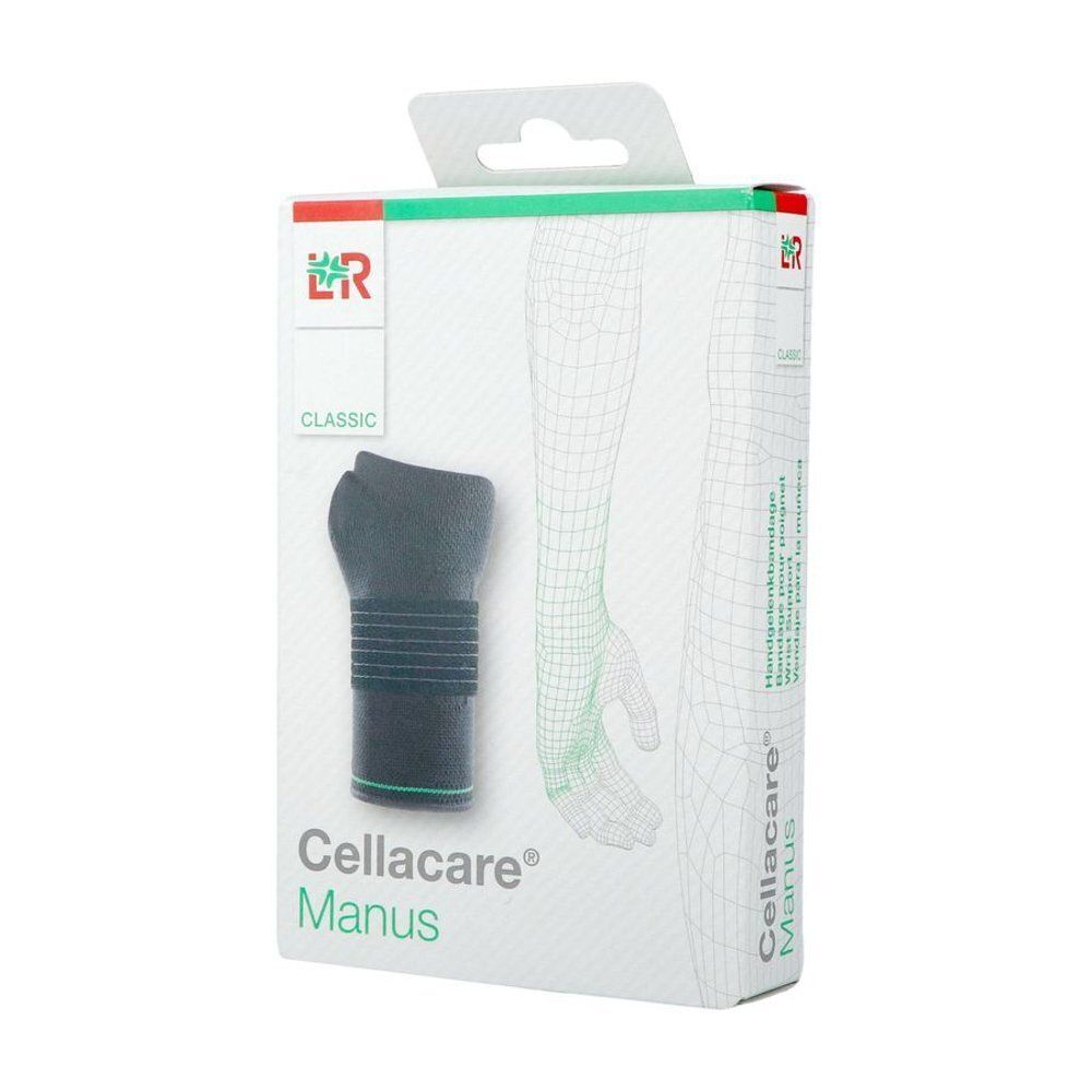 Voorkant van een Cellacare Manus Classic polsbandage verpakking. Zwarte bandage en armillustratie.