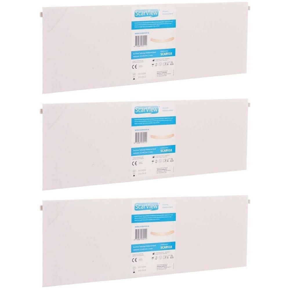 Trois paquets de Scarview Elastic Abdom 8,3x37cm. Bandes blanches avec étiquette bleue et marquage CE.
