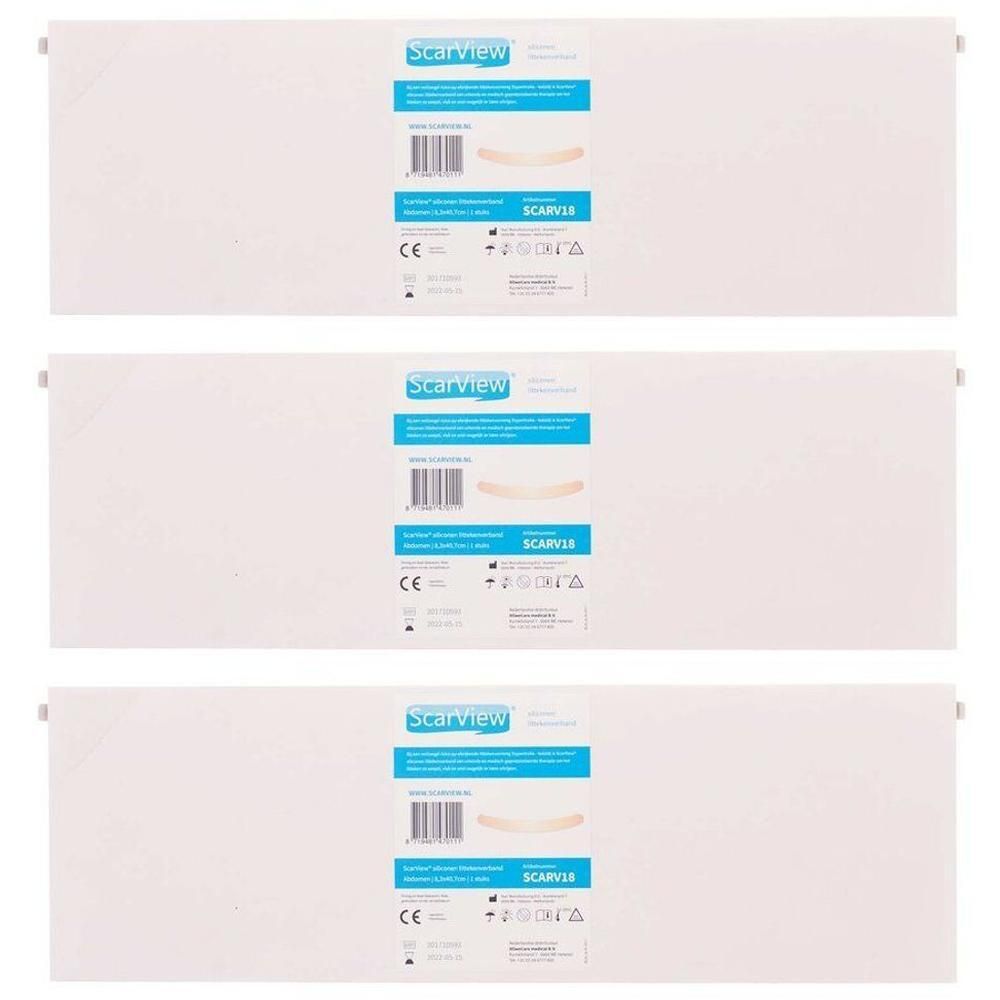 Drie verpakkingen Scarview Elastic Abdom 8,3x37cm. Witte verbanden met blauw label en CE-markering.