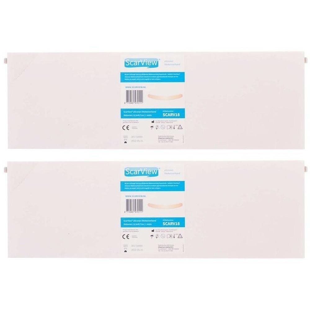 Twee Scarview Scarv18 elastische Abdominale littekenpleisters, 8,3x37cm. CE-markering zichtbaar.