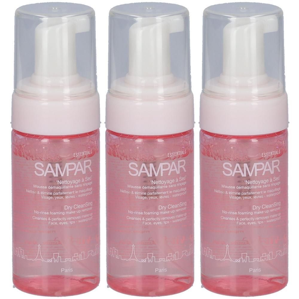 Trois flacons de mousse nettoyante Sampar Dry Cleansing avec pompes. Liquide rose dans des flacons transparents avec pompe blanche.