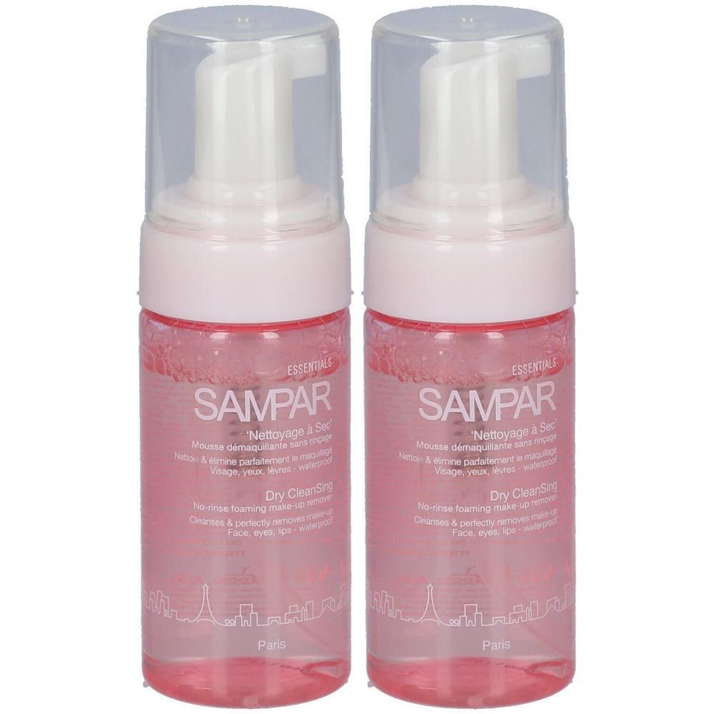 Deux flacons de mousse nettoyante Sampar Dry Cleansing avec pompes. Liquide rose dans des flacons transparents avec système de pompe blanc.