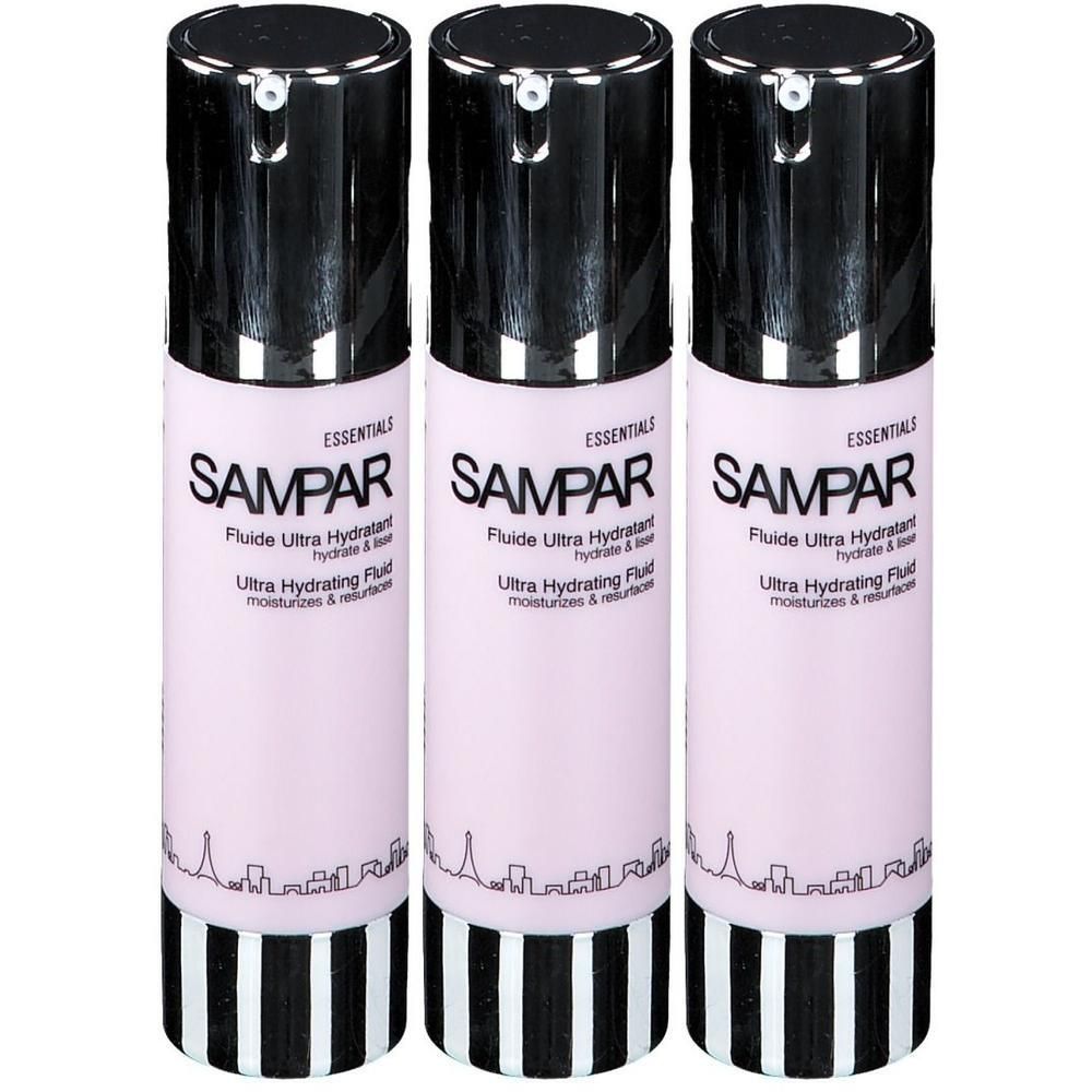 Drie Sampar Fluide Ultra Hydratant pompflesjes met roze body en zwarte dop.
