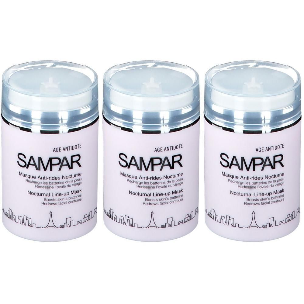 Drie Sampar Nocturnal Line-up Mask potten met zilverkleurig deksel en witte body.