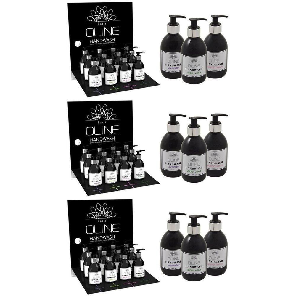 Trois flacons pompe noirs, étiquetés OLIN HANDWASH.