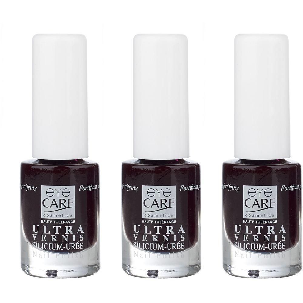 Trois flacons de vernis à ongles Eye Care Ultra Vernis Silicium-Uree, couleur rouge foncé.