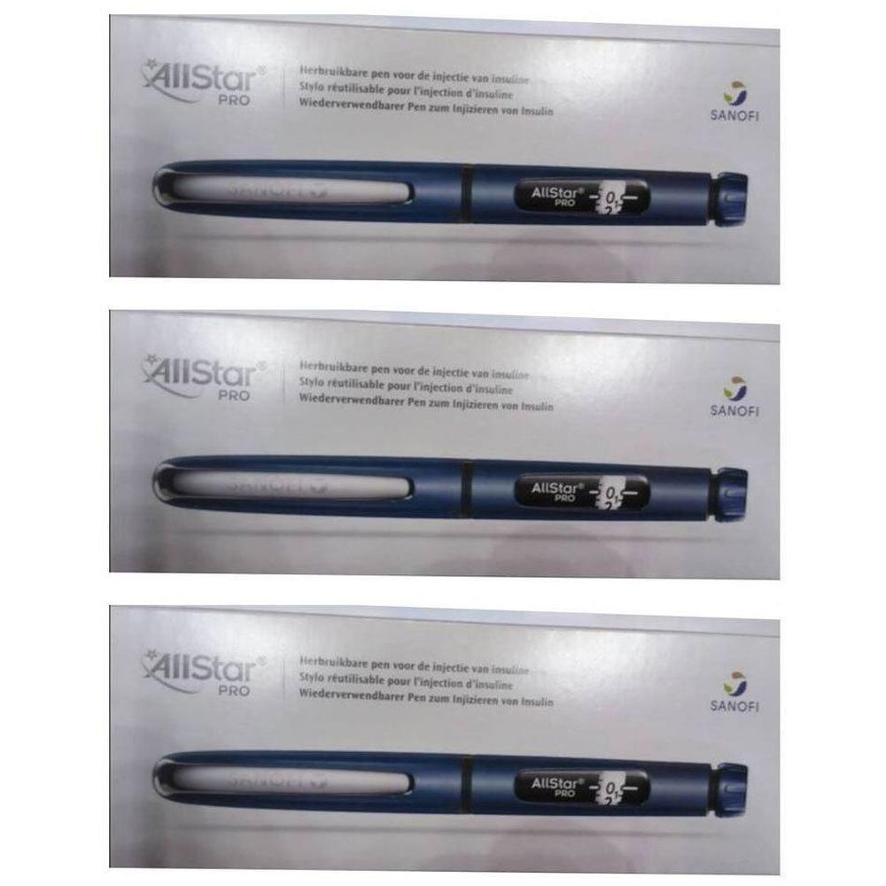 Blauwe AllStar PRO insuline-injectorpen met digitale dosisweergave.