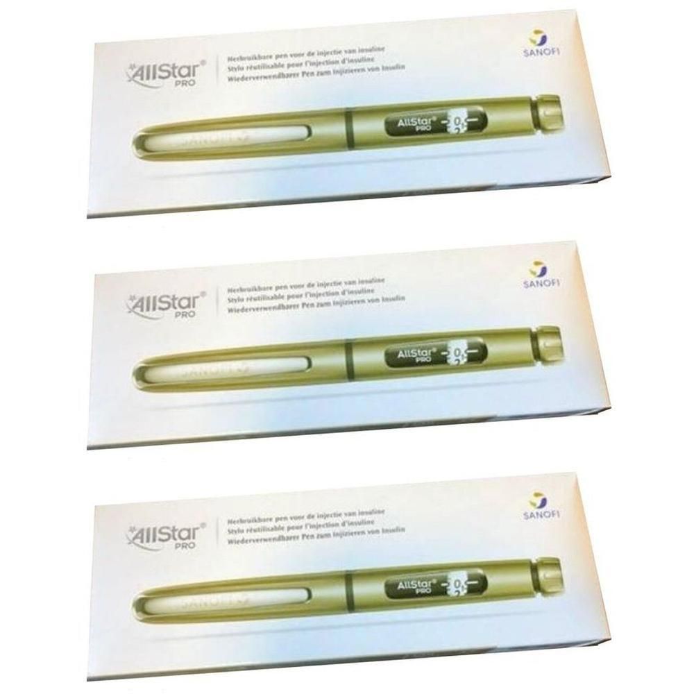 Gouden insulinepen met digitale weergave, op verpakking met "AllStar PRO" en "Sanofi" logo.