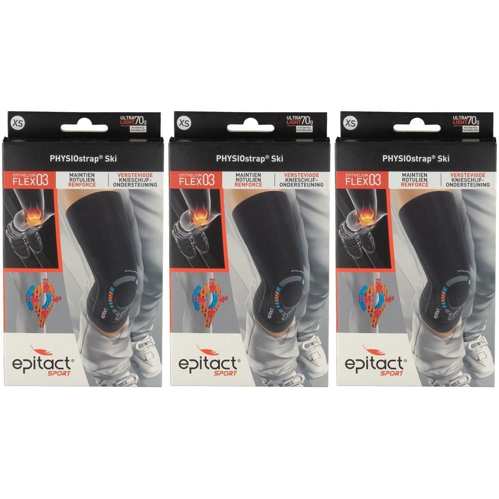 Trois genouillères Epitact Ski taille XS sur emballage.
