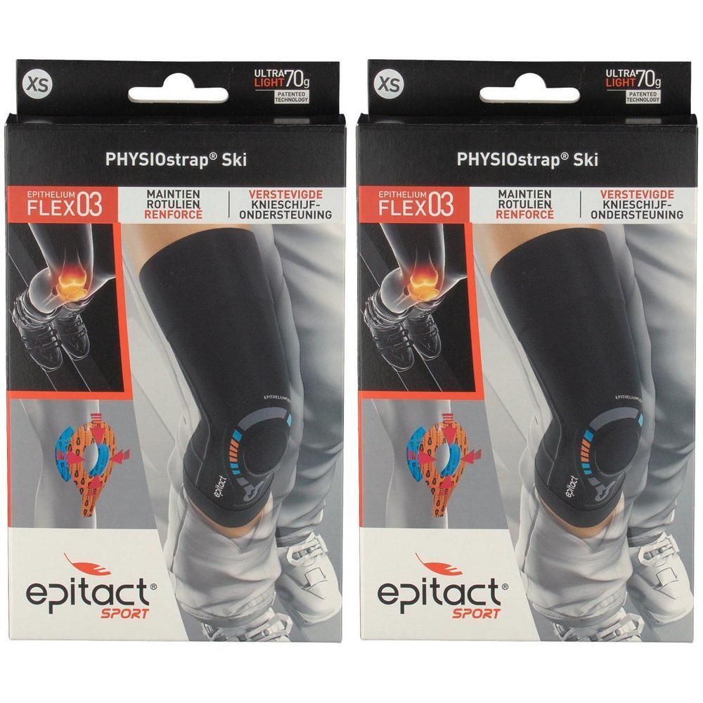 Deux genouillères Epitact Ski taille XS. Design noir avec accents orange et logo.