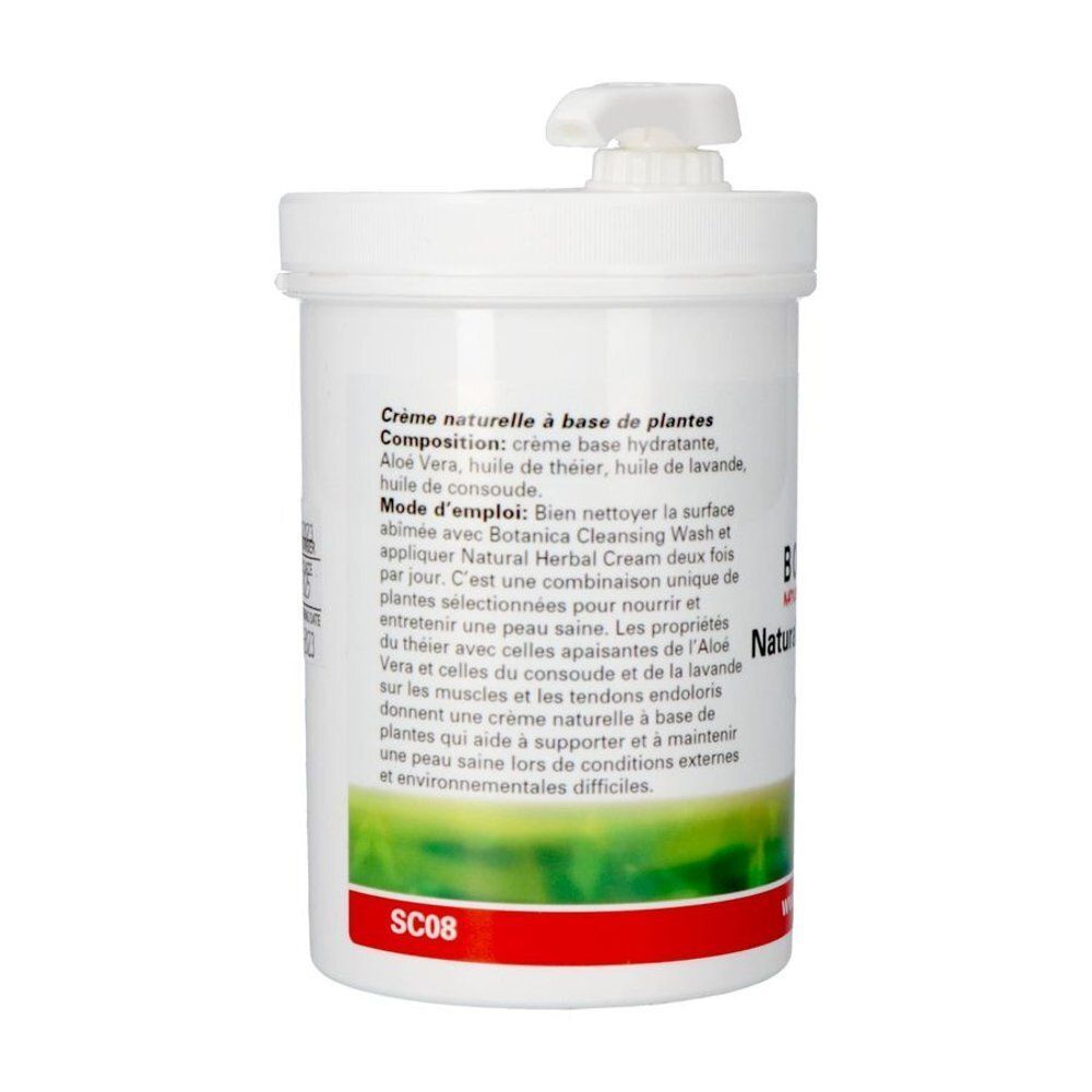 Arrière d'un flacon pompe blanc Botanica Natural Herbal Cream avec informations produit et ingrédients.