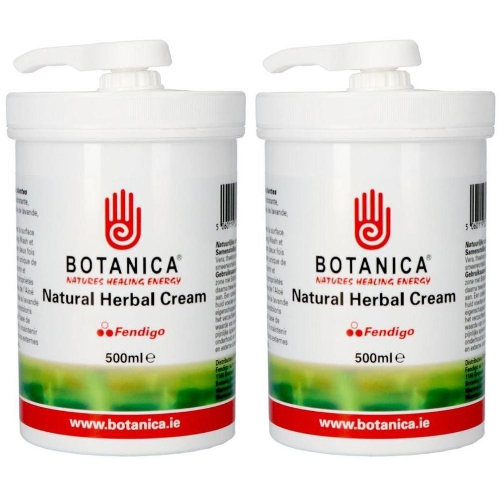 Deux flacons pompe blancs de Botanica Natural Herbal Cream, 500ml.
