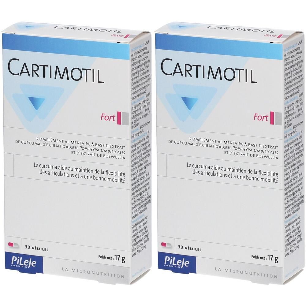 Twee pakken Cartimotil Fort voedingssupplement, elk 30 capsules.
