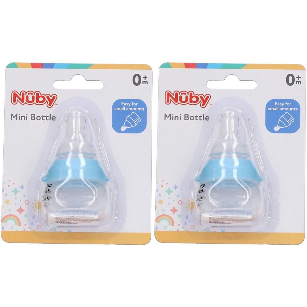 Nuby Mini Biberon, 0+ mois, lot de 2. Corps de biberon transparent avec anneau bleu et tétine.
