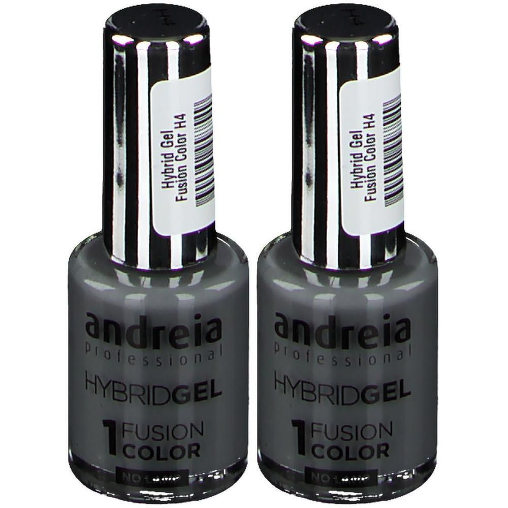 Twee flessen Andreia Hybrid Gel nagellak in grijs. Etiket toont 'Hybrid Gel Fusion Color H4'.