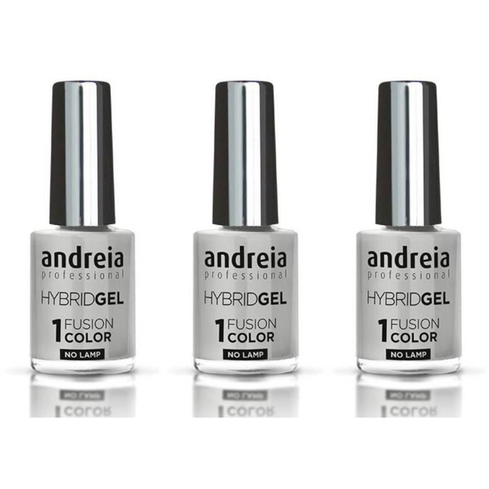 Drie flessen Andreia Hybridgel nagellak in lichtgrijs met zilveren doppen. Etiketten tonen 'andreia professional HYBRIDGEL 1 FUSION COLOR NO LAMP'.