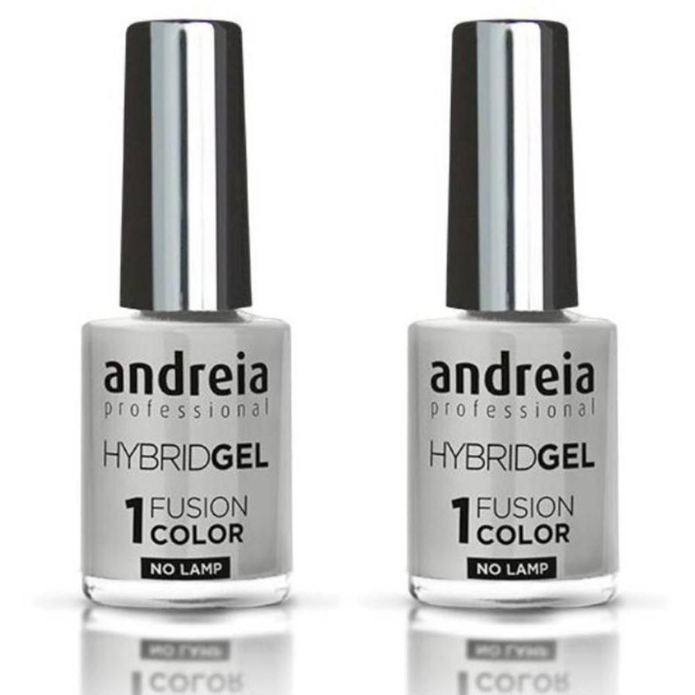 Twee flacons Andreia Hybridgel nagellak in lichtgrijs. "1 FUSION COLOR NO LAMP" staat op het etiket.
