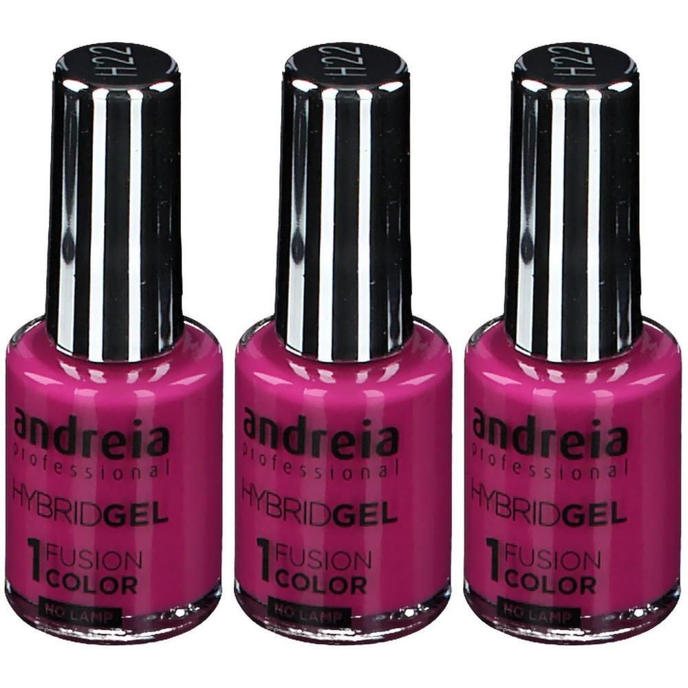 Drie flessen Andreia Hybridgel nagellak in Magenta. H22.