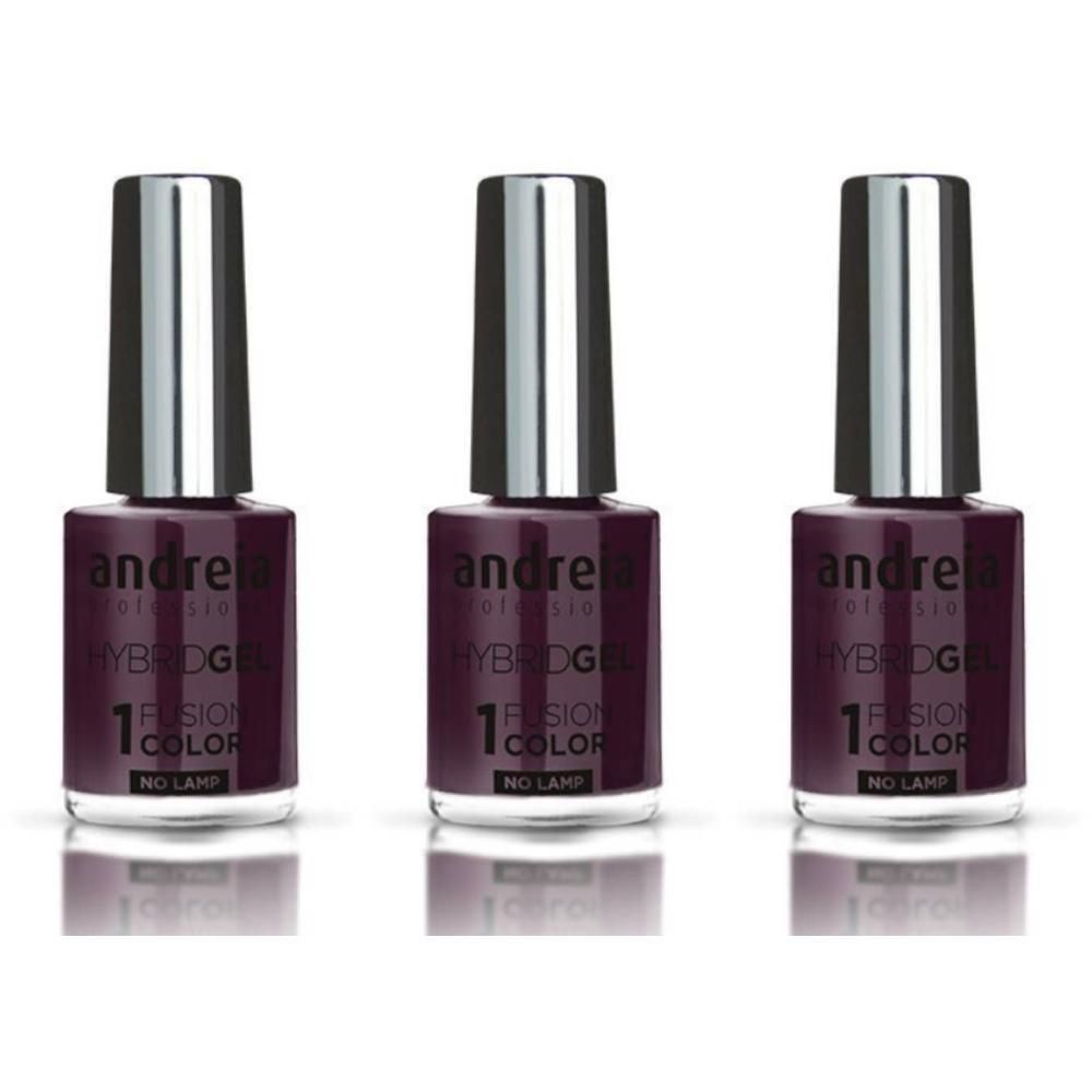 Drie flessen donkerpaarse hybride gel nagellak met zilveren doppen.