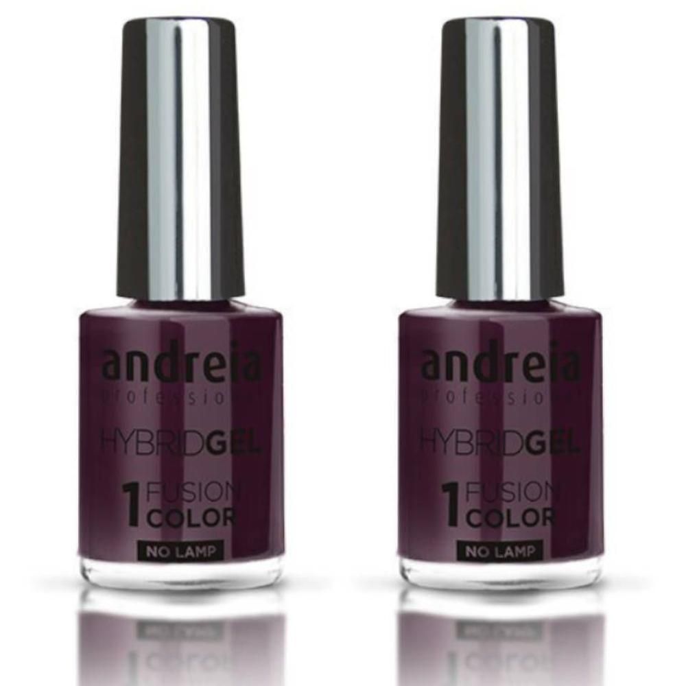 Deux flacons de vernis à ongles Andreia Hybridgel violet foncé avec capuchons argentés.