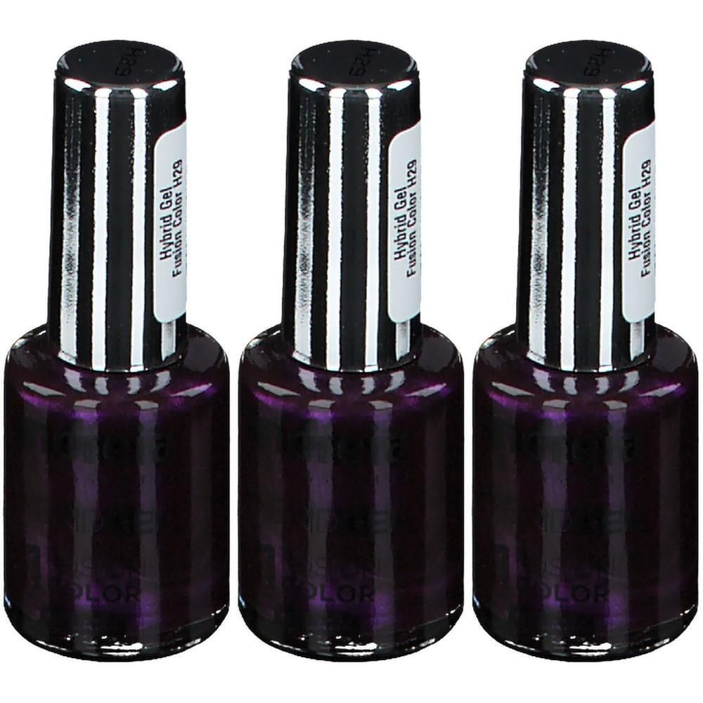 Drie flesjes donkerpaarse hybride gel nagellak met zilverkleurige doppen.