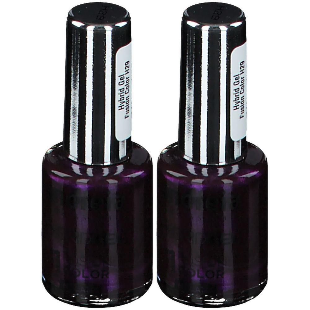 Twee flesjes donkerpaarse hybride gel nagellak.