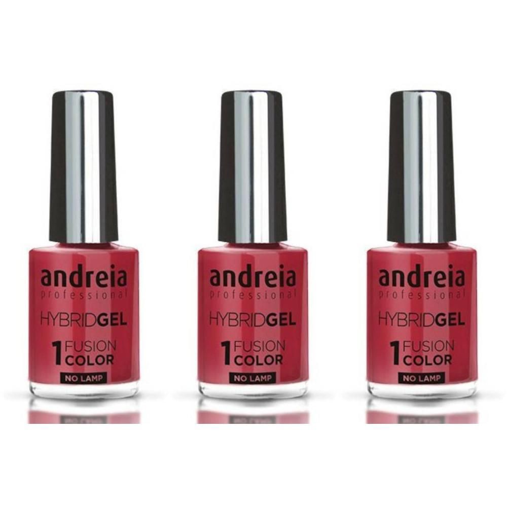 Trois flacons de vernis Andreia Hybridgel orange vif. Capuchons argentés, flacons transparents avec contenu orange.