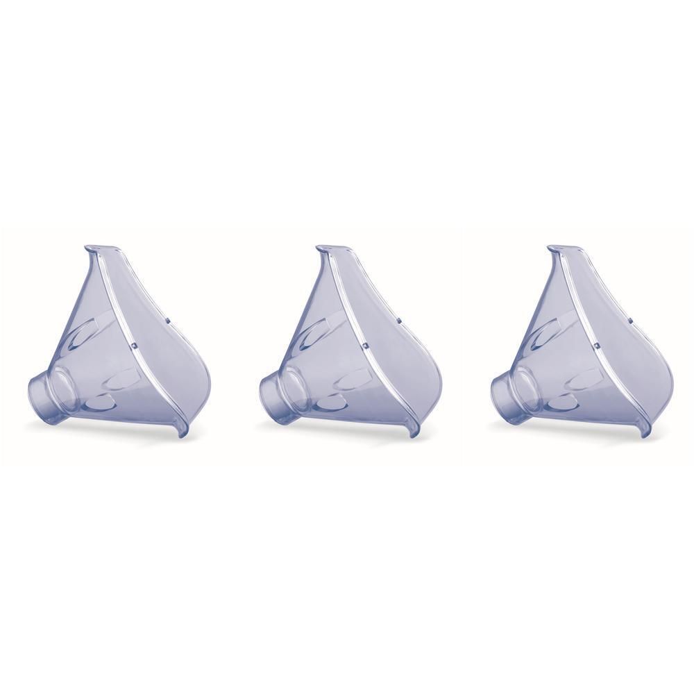 Trois embouts de masque coniques transparents en plastique avec deux connecteurs.