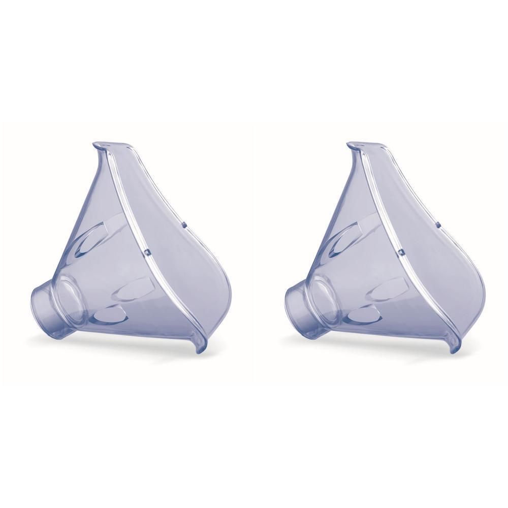 Deux masques inhalateurs transparents pour enfants, en plastique.