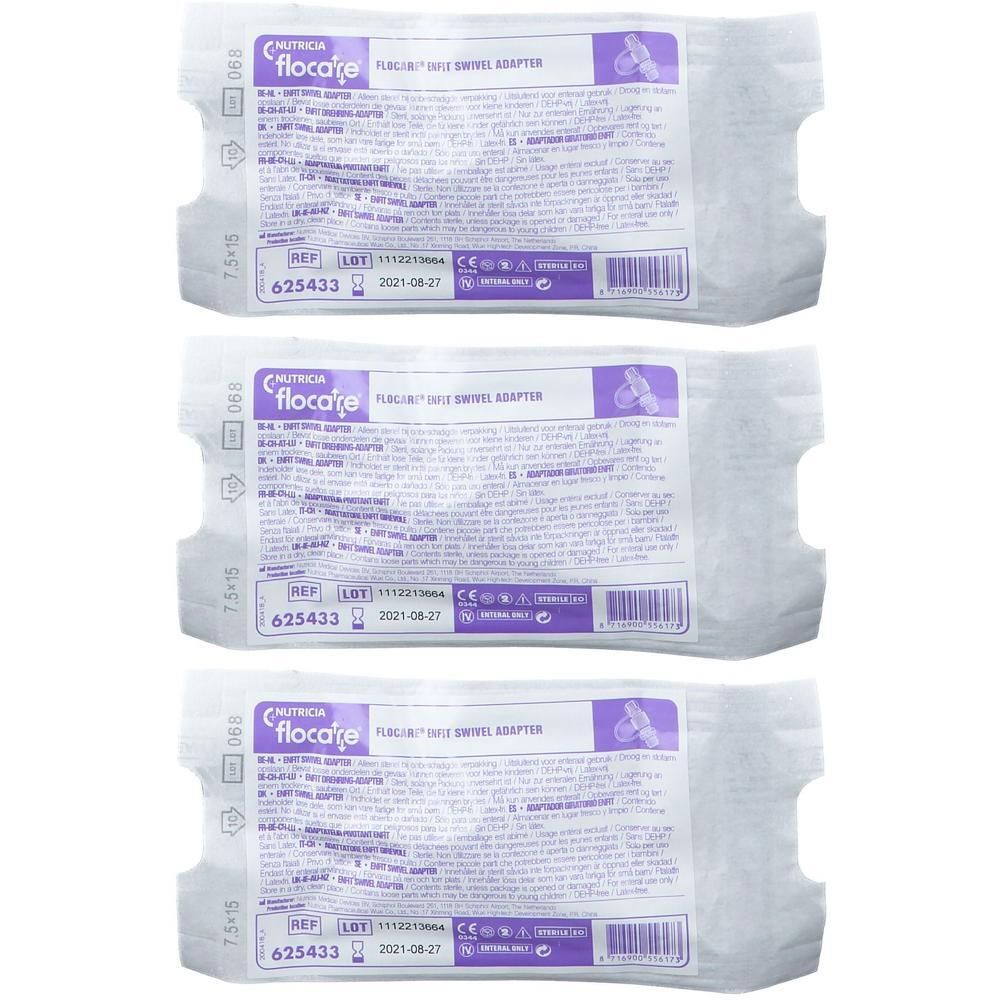Drie individueel verpakte Flocare Enfit Adapter Swivel met productinformatie en barcode.