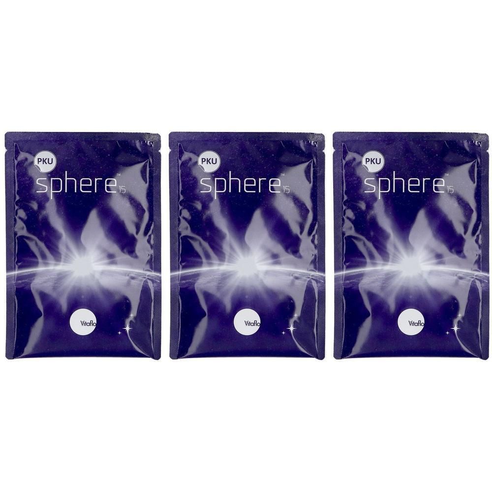 Trois sachets Vitaflo PKU Sphere 15 Vanille, design violet et blanc.