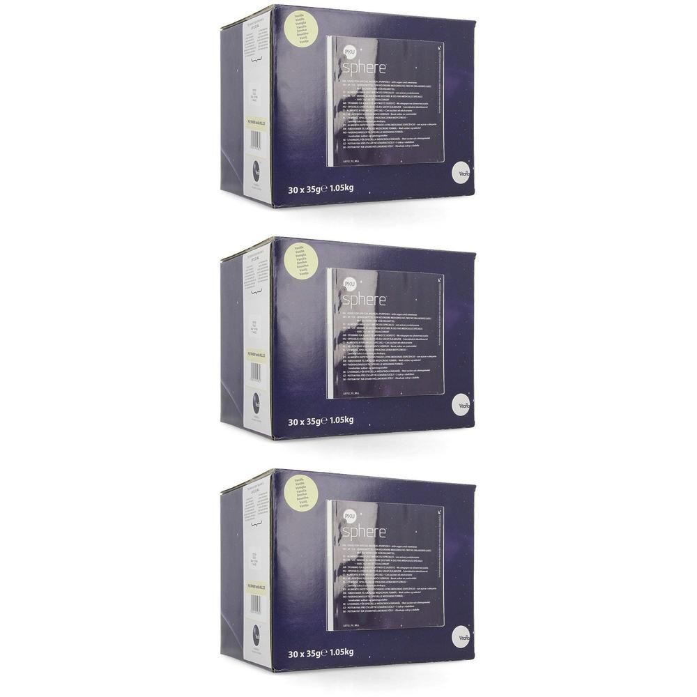 Drie dozen Vitaflo PKU Sphere 20 Vanille, elk 30x35g.