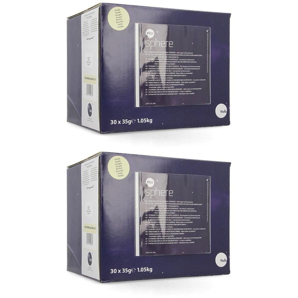 Deux boîtes de Vitaflo PKU Sphere 20 Vanille, 30x35g.