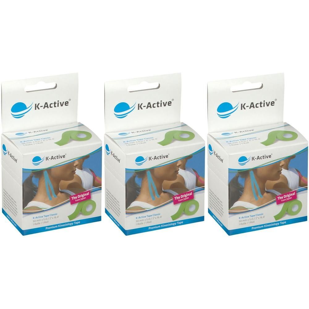 Trois boîtes de K-Active Tape Classic, 5cmx5m, vert. Chaque boîte montre une femme avec du tape appliqué sur le cou.